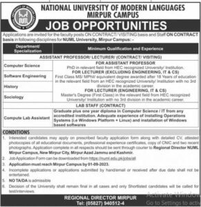 NUML Mirpur Campus Faculty Staff Jobs 2023