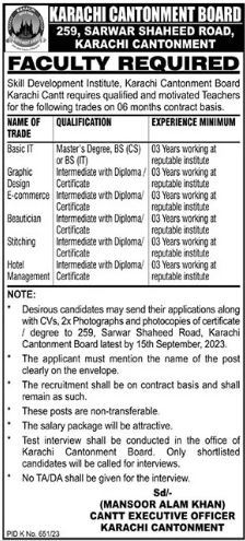 Taaza Cantonment Board Karachi Ke Taleemi Asnaf Karachi 2023 /Karachi Cantonment Board 2023 Mein Rozgaar Ki Talaash