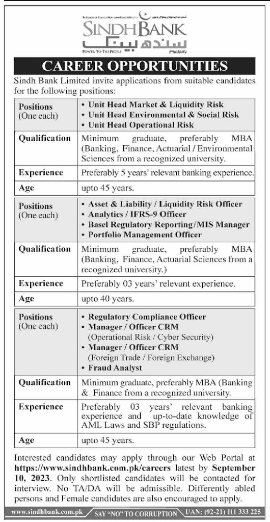 Sindh Bank Limited Karachi 2023/Sindh Bank Limited Management Jobs 2023